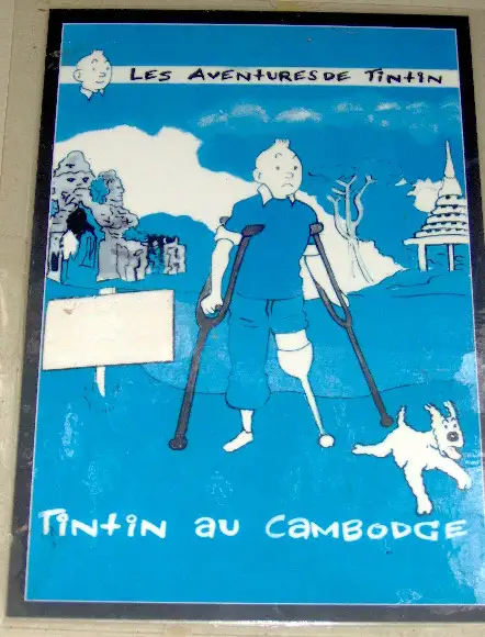 Affiche parodique « Tintin au Cambodge » montrant Tintin amputé sur des béquilles