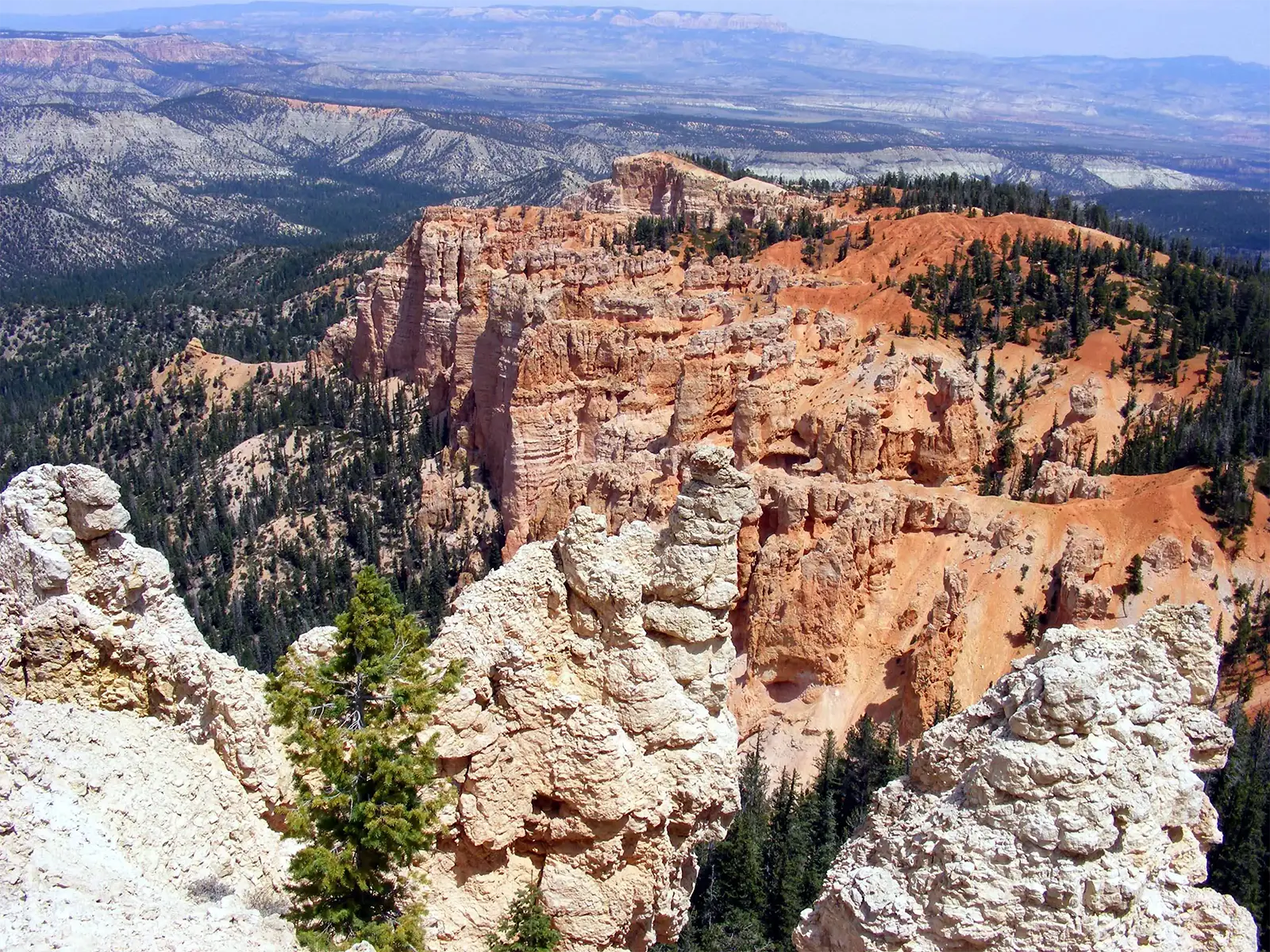 Éperon de roche orange et blanche au-dessus des forêts et des vallées de Bryce Canyon