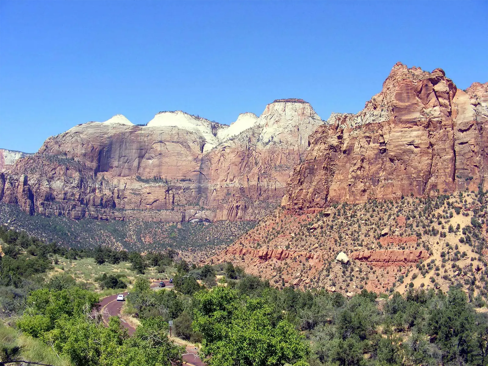 Sommets blancs et falaises rouges au-dessus de la route et des arbres verts du parc national de Zion