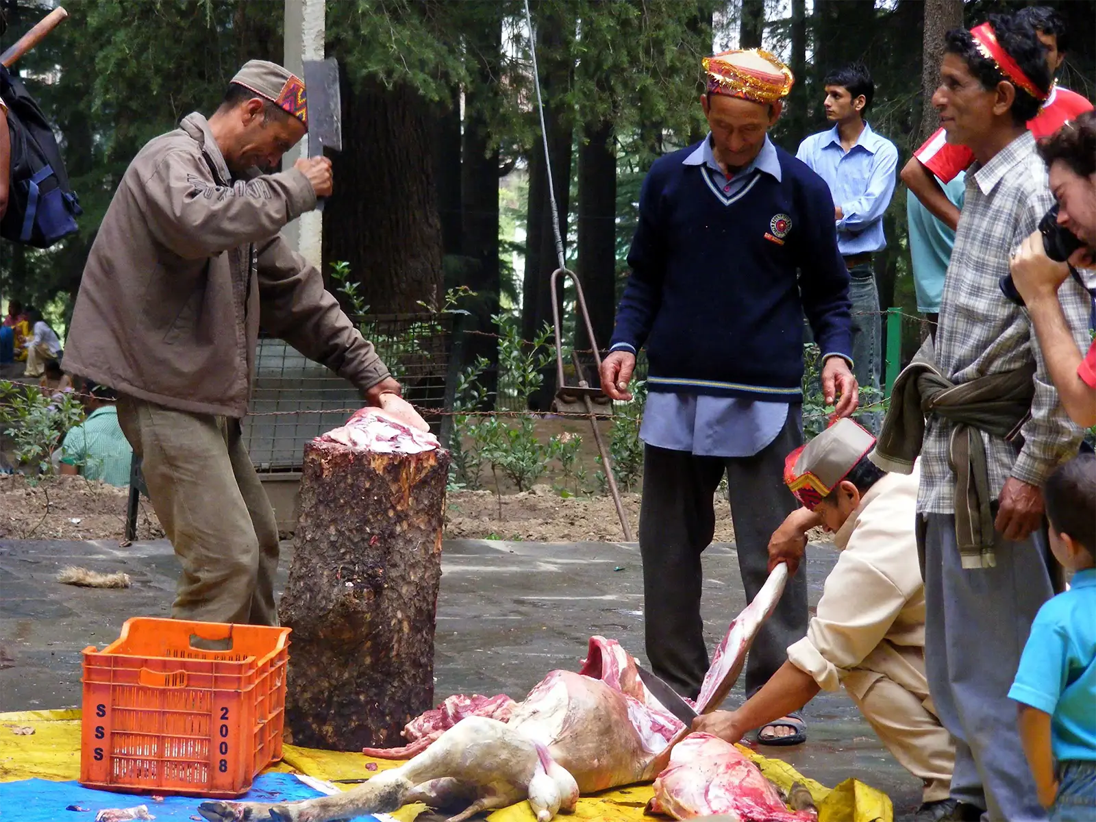 Hommes découpant une carcasse sur un billot de bois pendant une fête religieuse à Manali