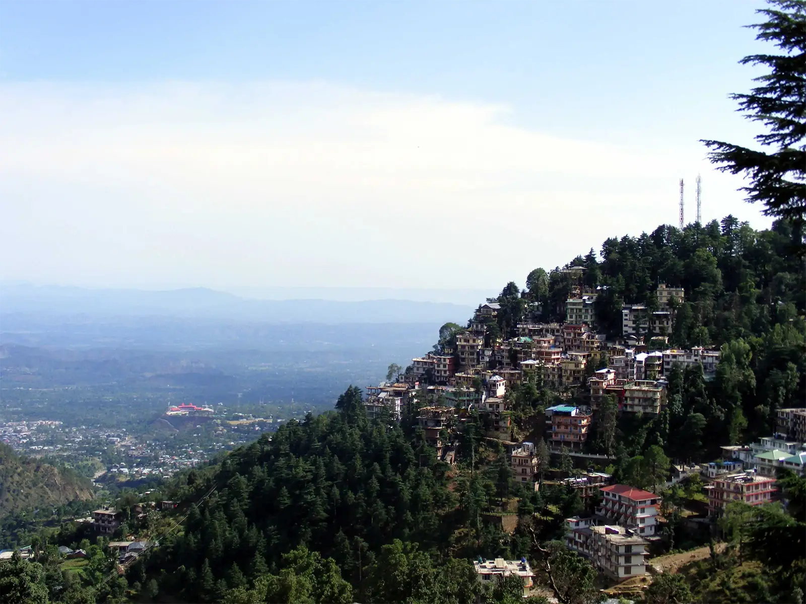 McLeod Ganj accrochée à sa colline boisée, au-dessus de la plaine de Dharamsala