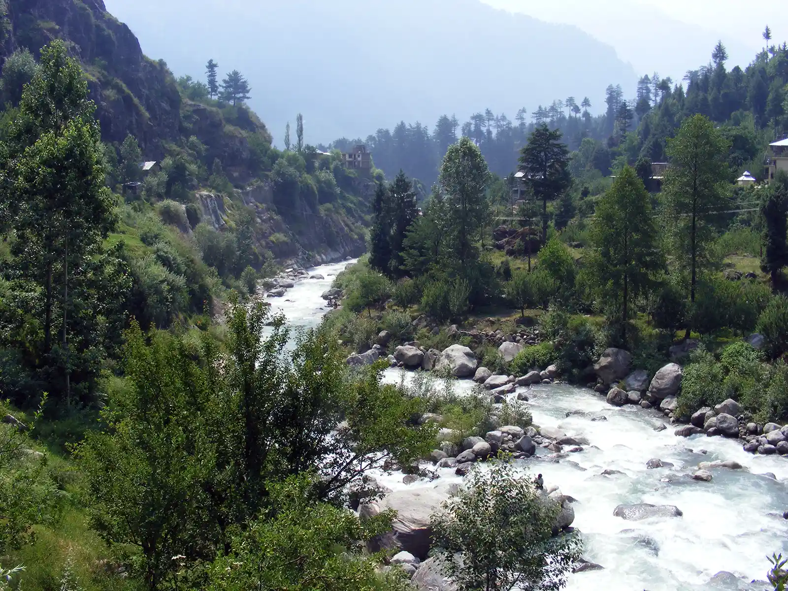 La rivière Manalsu dévalant entre forêts et rochers au bord de l’ancienne Manali
