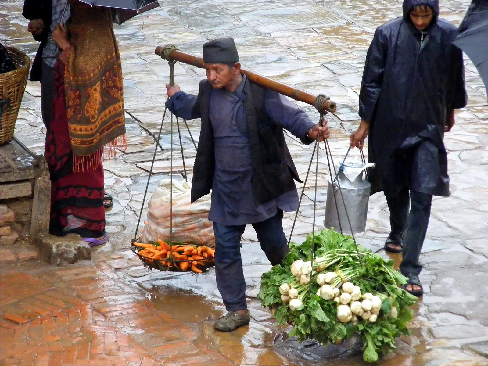 Porteur avec sa palanche chargée de carottes et de navets sous la pluie à Bhaktapur