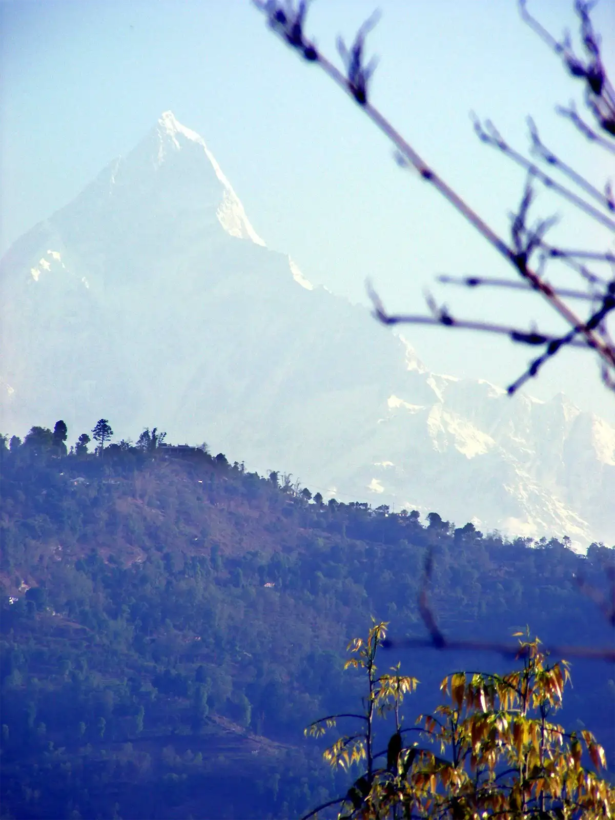 Le Machapuchare et sa pyramide enneigée sous un ciel bleu, derrière les collines de Pokhara