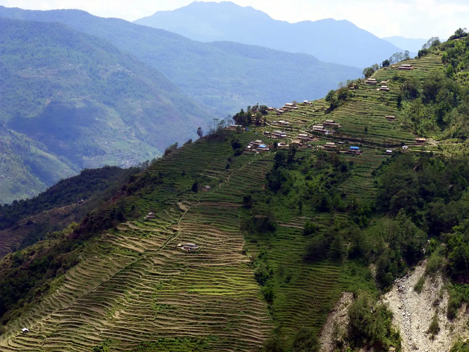 Village perché et cultures en terrasses sur une crête du trek des Annapurnas