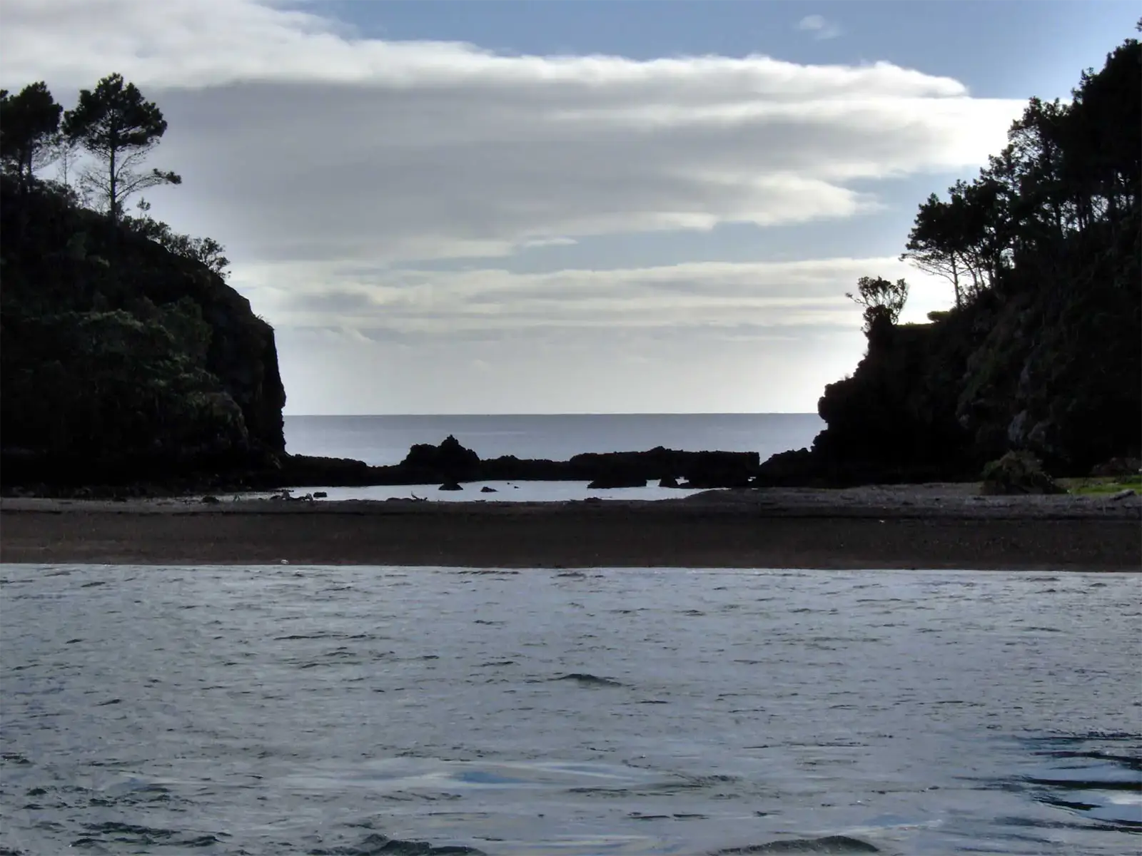 Crique encadrée de falaises boisées à contre-jour, vue du bateau dans la Bay of Islands