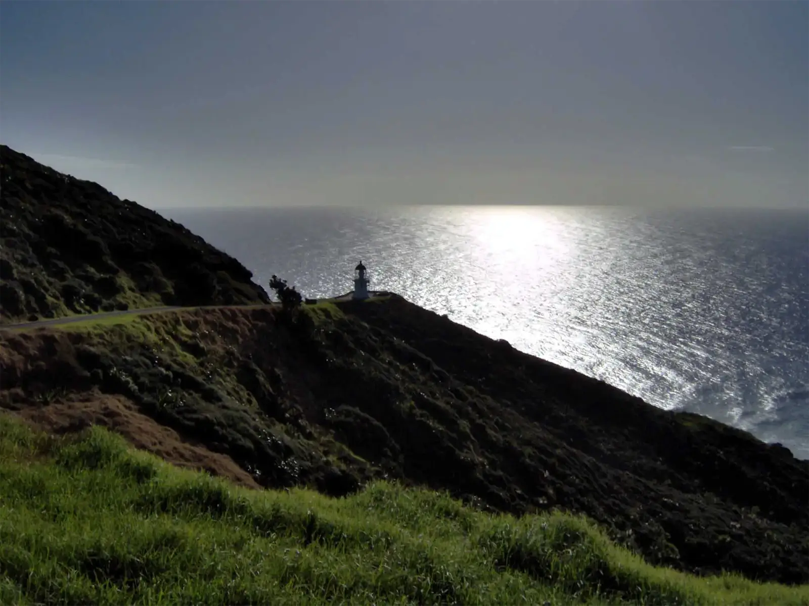 Le phare du cap Reinga sur sa falaise, face à l’océan qui scintille à contre-jour