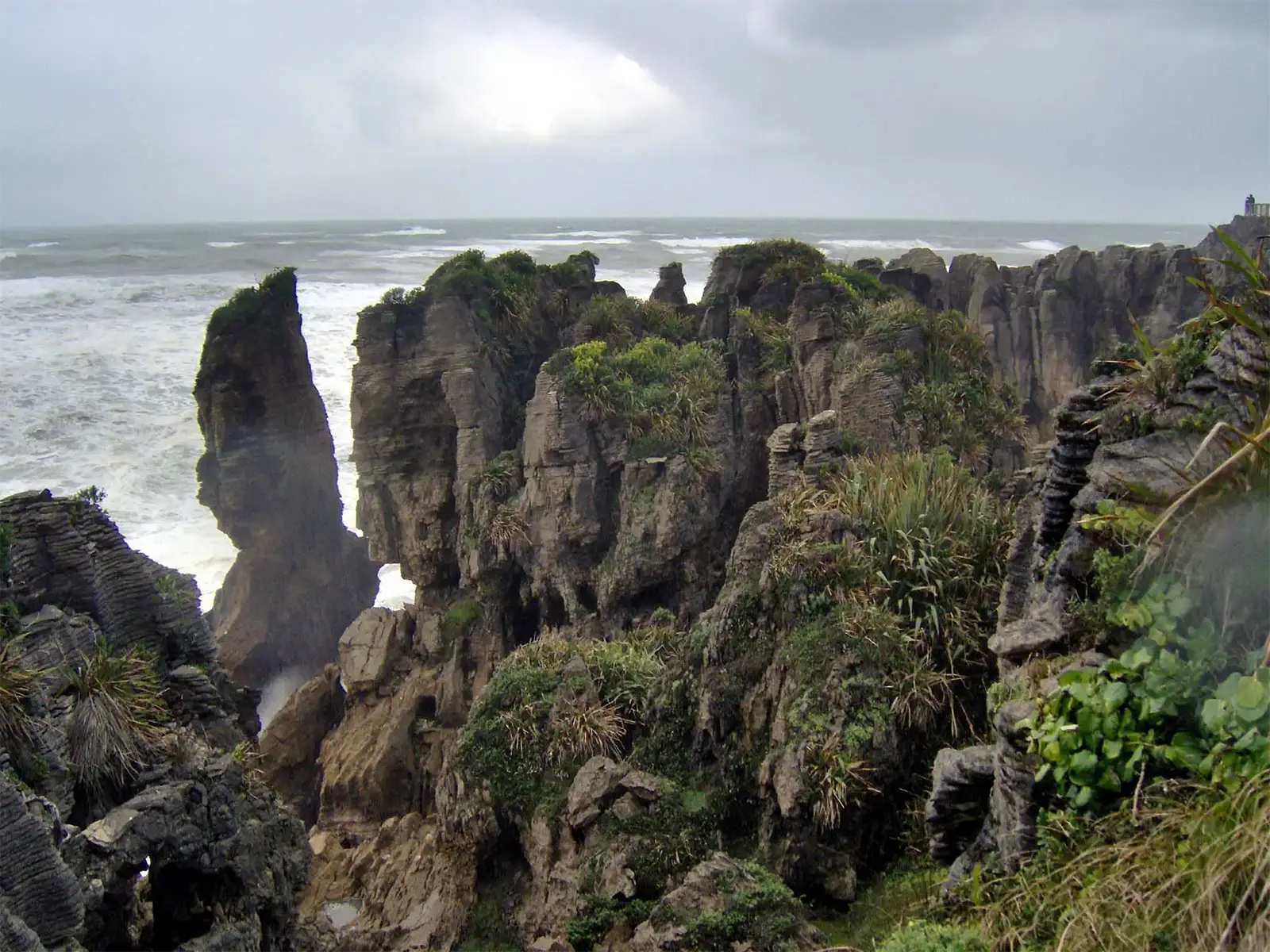 Les Pancake Rocks de Punakaiki, falaises de calcaire feuilleté face à la mer de Tasman agitée
