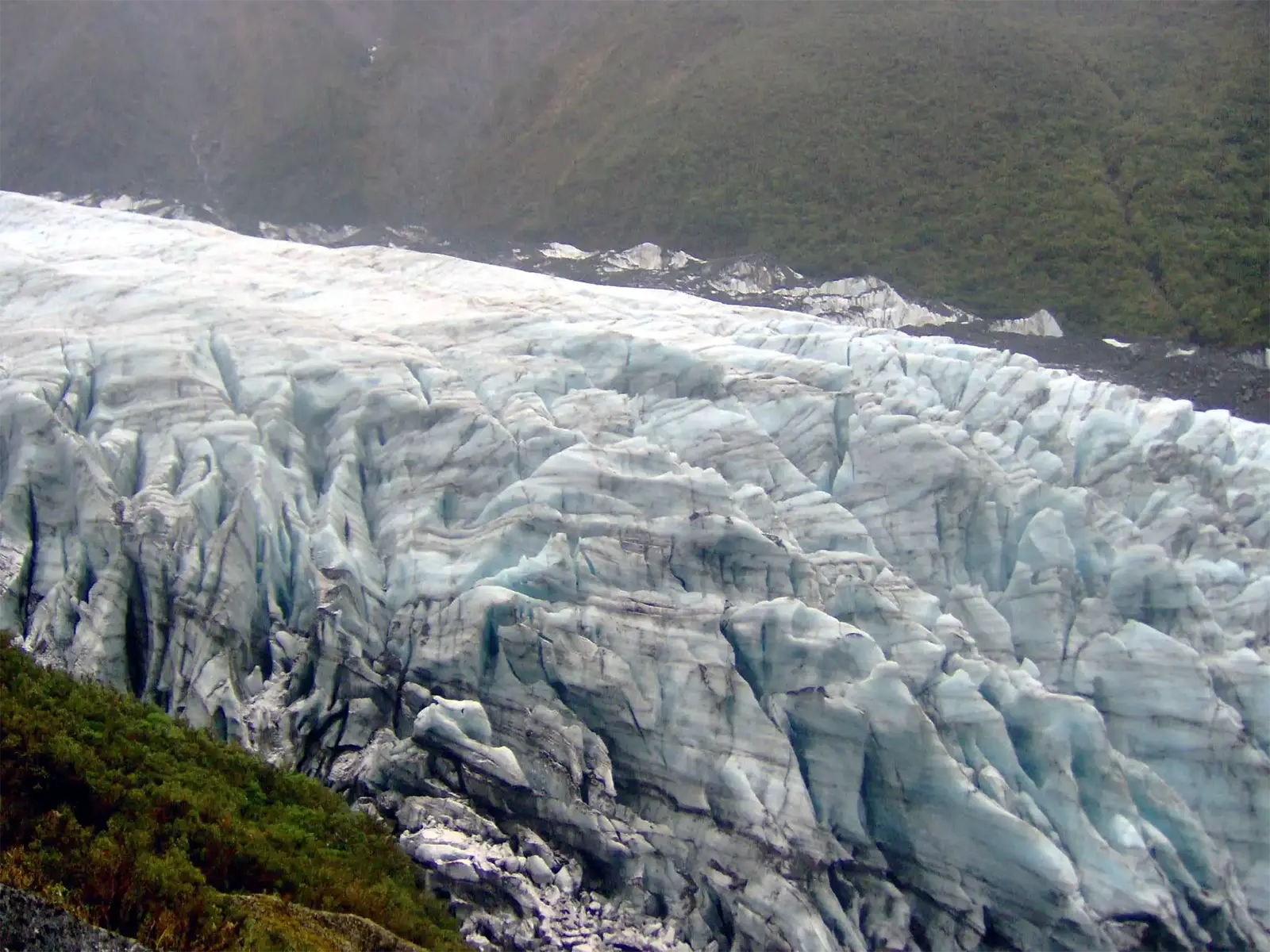 Séracs bleutés d’un glacier dévalant entre les pentes boisées de la côte ouest, vus d’en haut