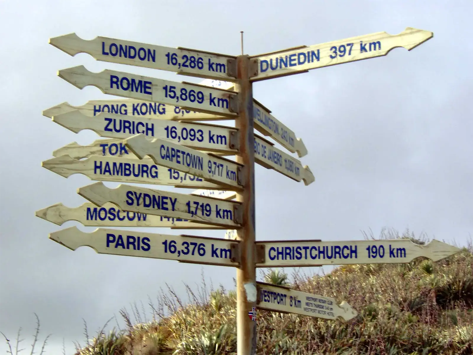 Poteau indicateur des distances vers Londres, Paris ou Sydney au cap Foulwind, près de Westport