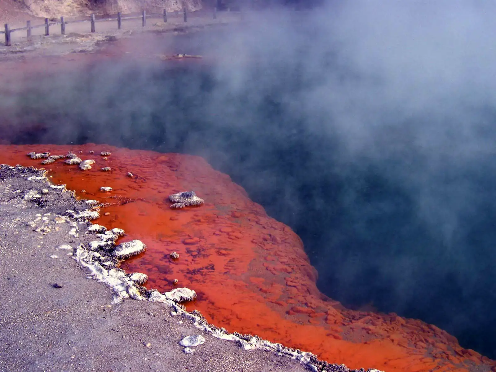 Bassin bouillant et fumant aux bords orange vif, dans un site géothermique près de Rotorua
