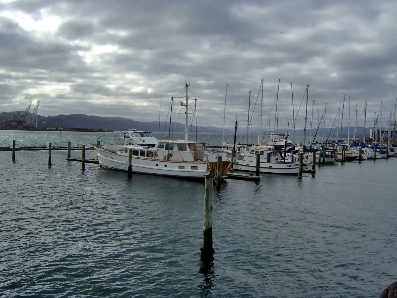 Voiliers et bateaux amarrés dans une marina de Wellington sous un ciel d’orage