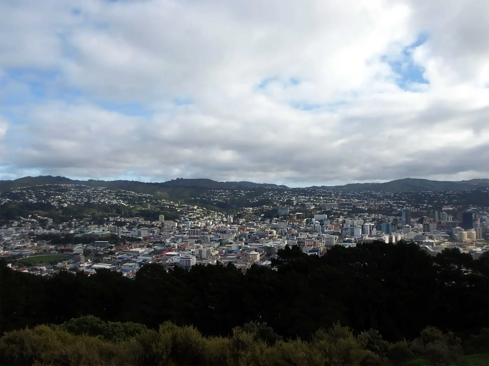 Panorama de Wellington et de ses collines sous un grand ciel nuageux, depuis un belvédère boisé