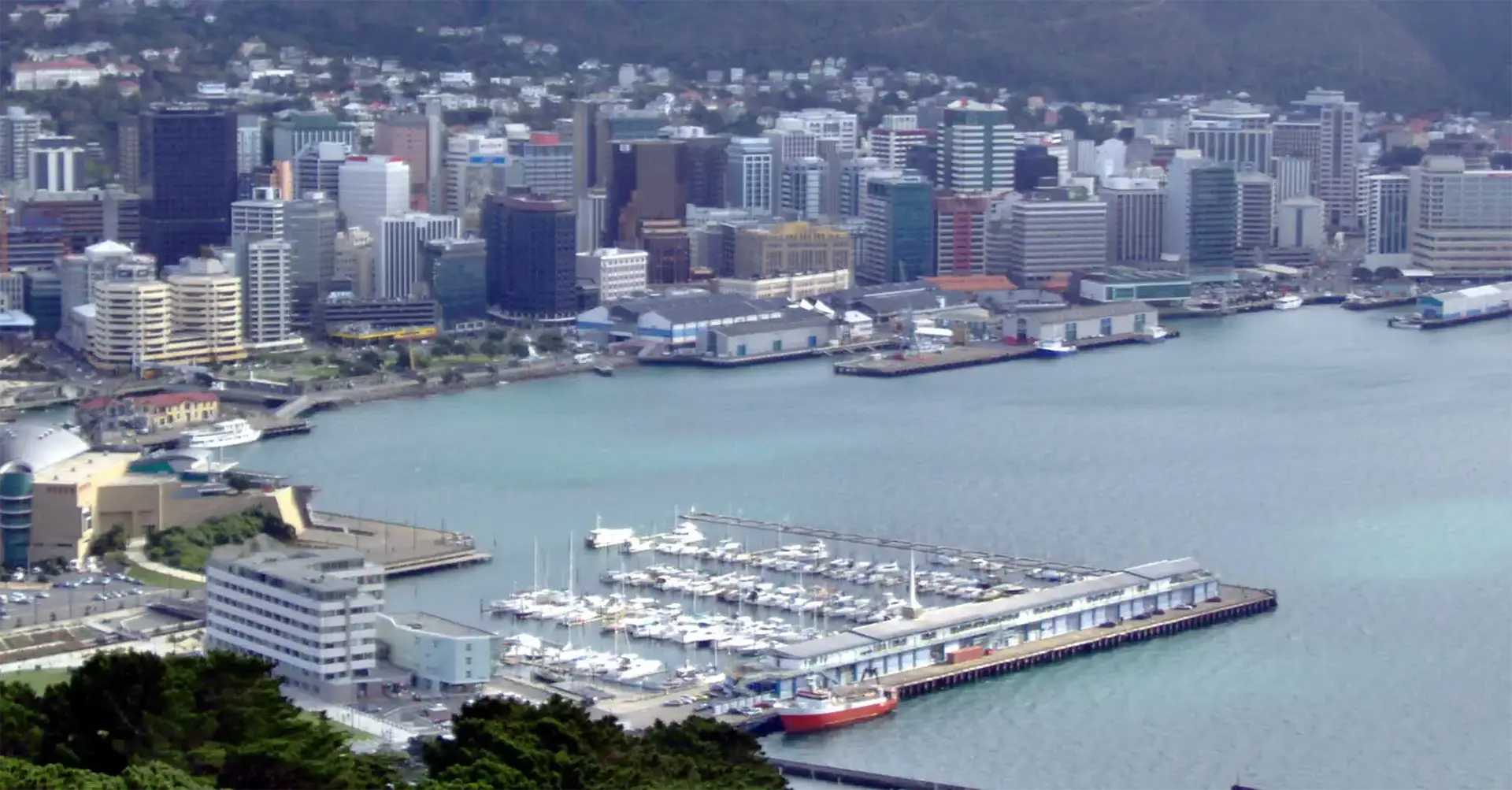 Le port de Wellington, sa marina et les immeubles du front de mer, vus des hauteurs