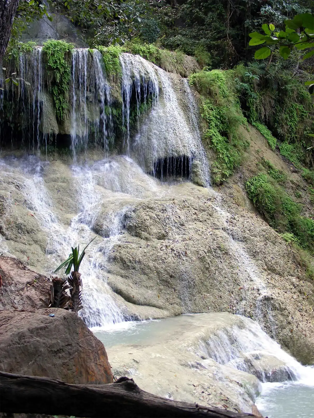 Cascade ruisselant sur la roche calcaire et la mousse dans la jungle près de Kanchanaburi