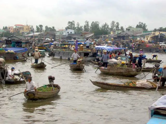 Barques à rames et bateaux de commerce mêlés sur un marché flottant du delta du Mékong