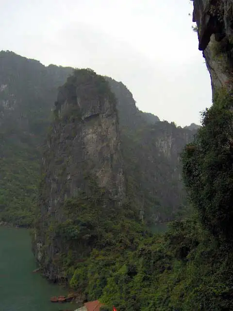 Falaises karstiques couvertes de végétation sous la pluie, dans la baie d’Halong